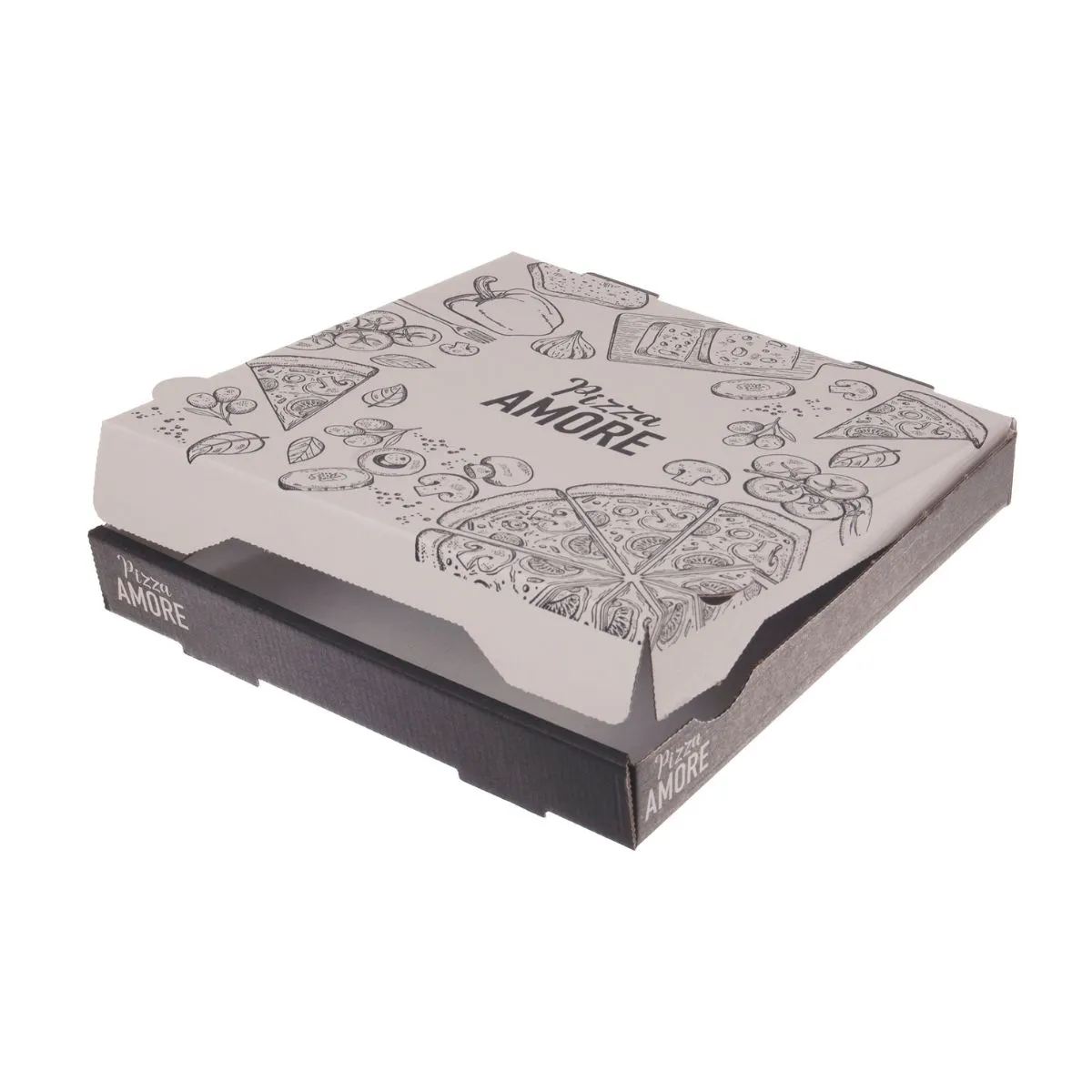 Pizzabox 29x29x4cm | Kraft weiß-schwarz | Amore