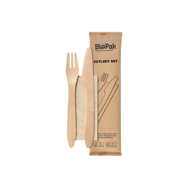 Holz Besteck Set Messer, Gabel und Serviette