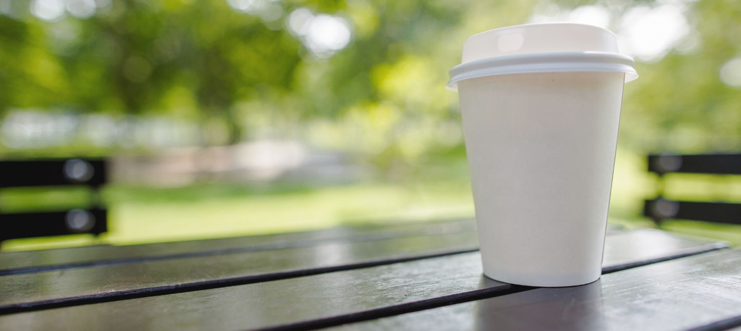 Weißer Kaffeebecher to go in Naturumgebung Kaffeebecher to go kaufen