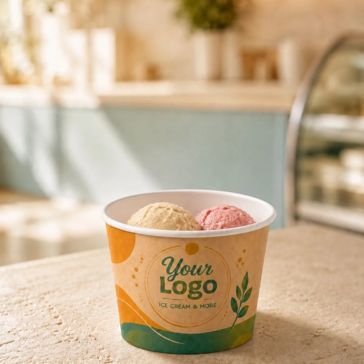 Logo-Eisbecher 230 ml weiß PE-beschichtet