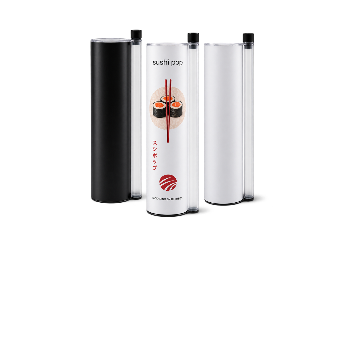 drei Sushi Push-up Verpackungen nebeneinander stehend